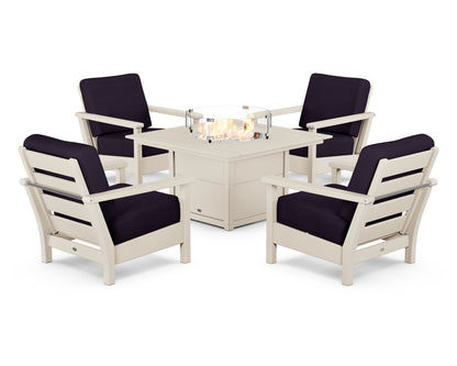 POLYWOOD® Harbour 5-Piece Conversation Set with Fire Pit Table in Sand / Navy Linen