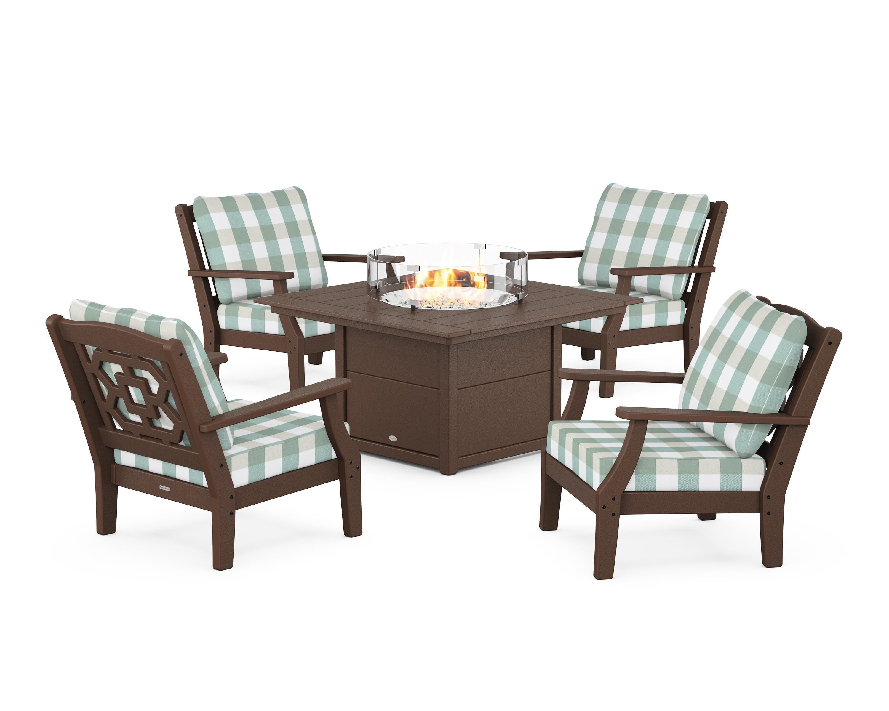 Martha Stewart by POLYWOOD® Chinoiserie 5-Piece Deep Seating Set with Fire Pit Table in Mahogany / Buffalo Plaid Glacier Spa