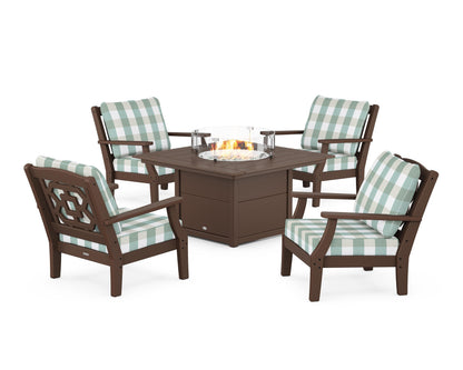 Martha Stewart by POLYWOOD® Chinoiserie 5-Piece Deep Seating Set with Fire Pit Table in Mahogany / Buffalo Plaid Glacier Spa