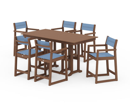 POLYWOOD® EDGE Sling Arm Chair 7-Piece Farmhouse Counter Set in Teak / Poolside Sling