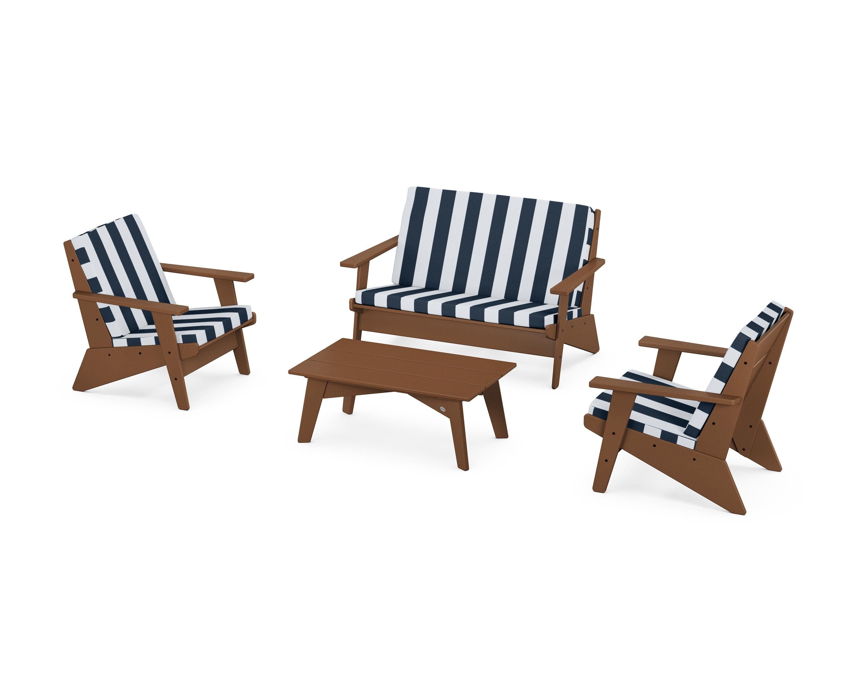 POLYWOOD® Riviera Modern Lounge 4-Piece Set in Teak / Cabana Stripe Marine Indigo