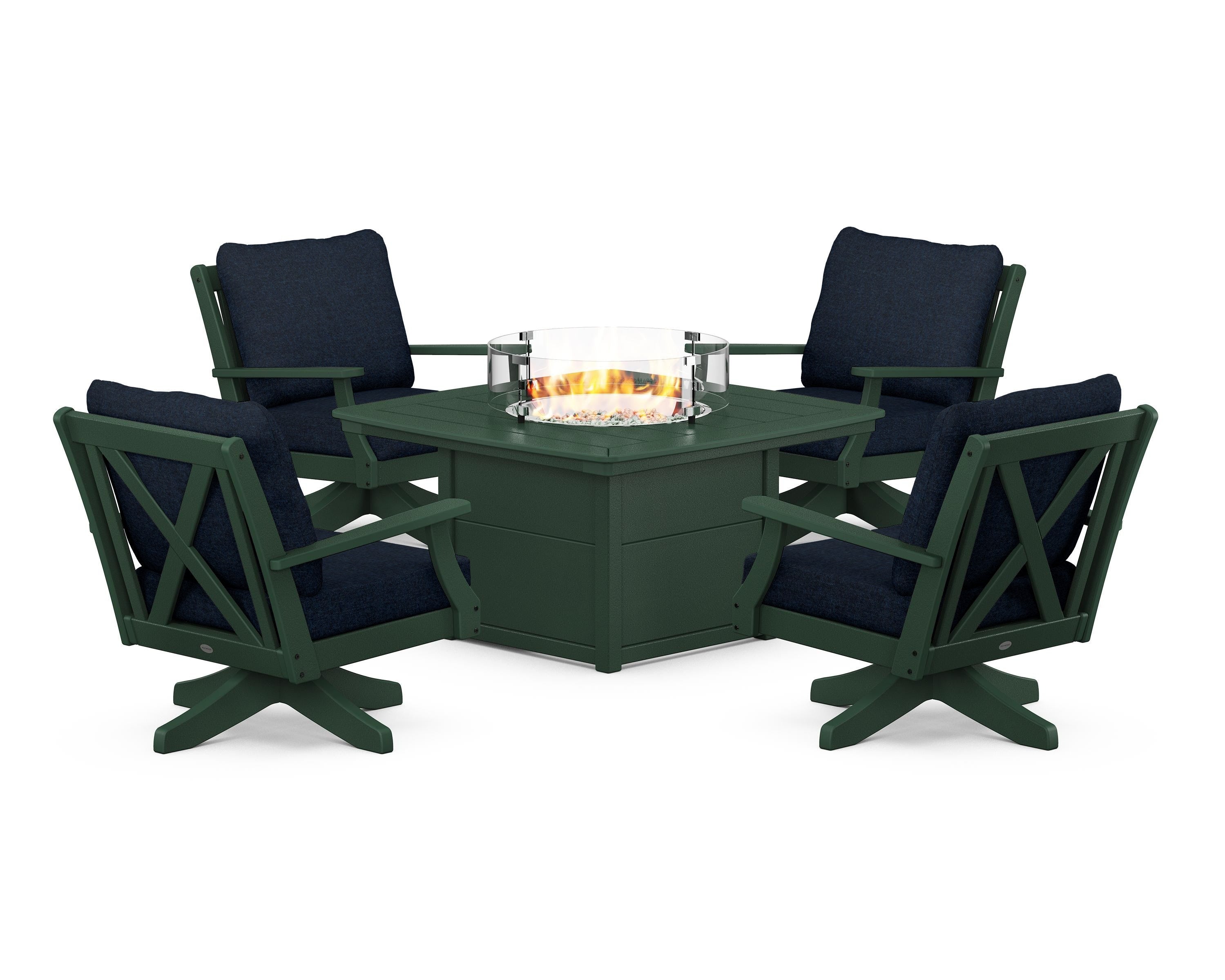 POLYWOOD® Braxton 5-Piece Deep Seating Swivel Conversation Set with Fire Pit Table in Green / Marine Indigo