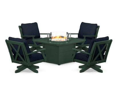POLYWOOD® Braxton 5-Piece Deep Seating Swivel Conversation Set with Fire Pit Table in Green / Marine Indigo