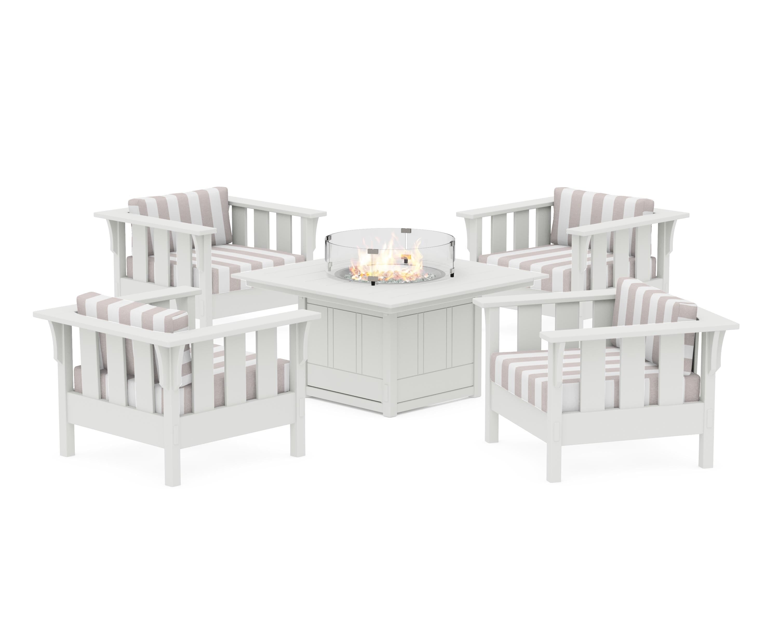 Martha Stewart by POLYWOOD® Acadia 5-Piece Deep Seating Set with Fire Pit Table in White / Cabana Stripe Dune Burlap