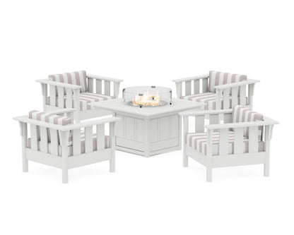 Martha Stewart by POLYWOOD® Acadia 5-Piece Deep Seating Set with Fire Pit Table in White / Cabana Stripe Dune Burlap