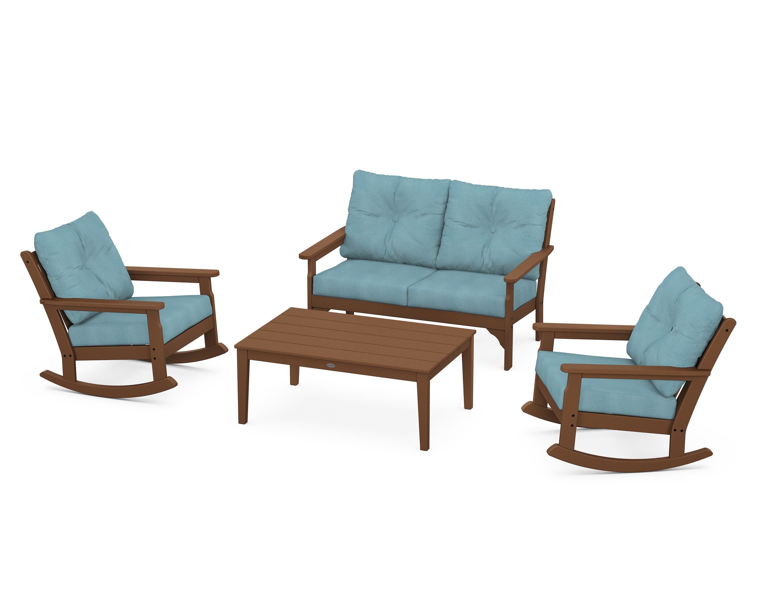 POLYWOOD® Vineyard 4-Piece Deep Seating Rocking Chair Set in Teak / Lattice Sky Blue