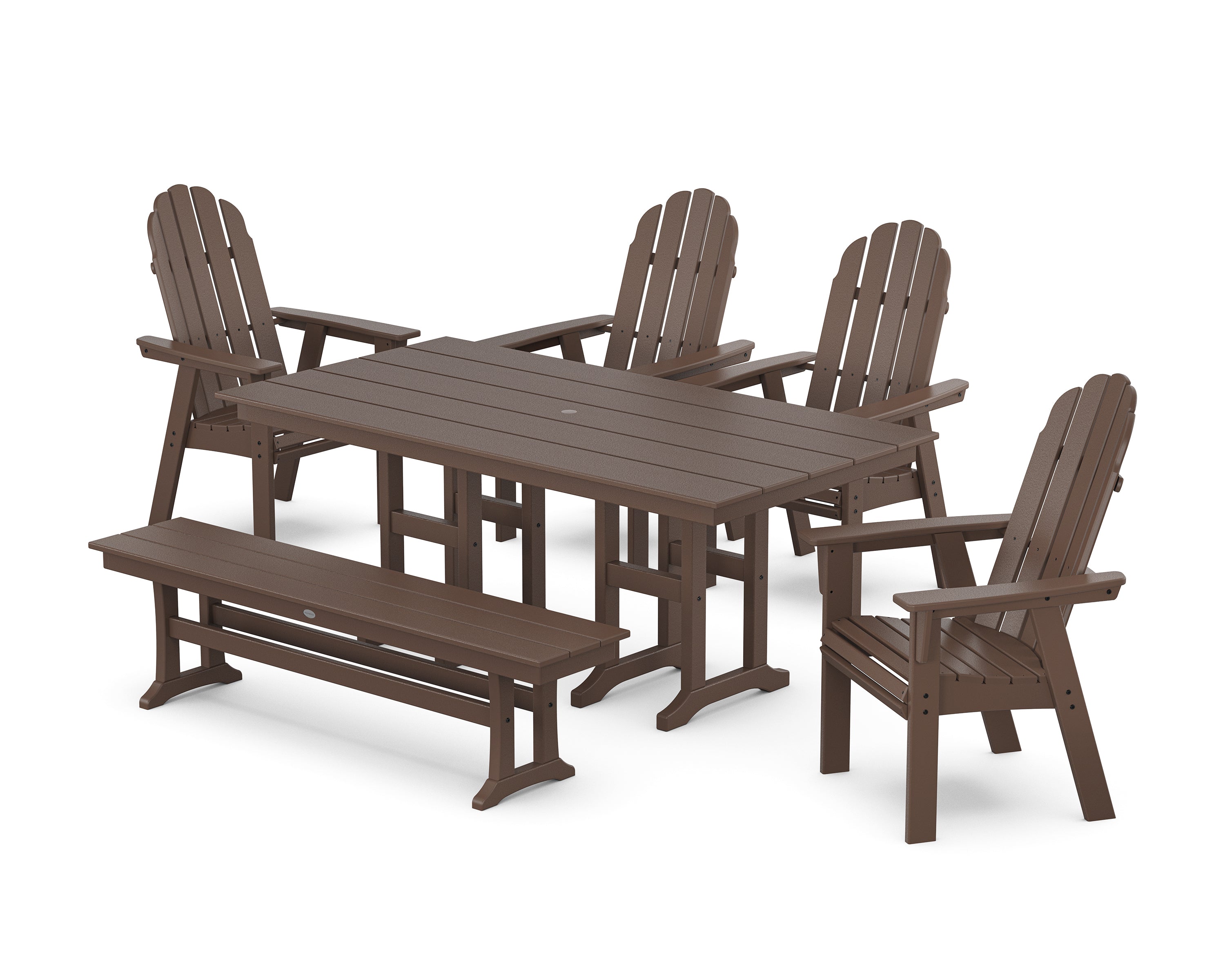 POLYWOOD® Vineyard Curveback Adirondack Chair 6-Piece Farmhouse Dining Set with Bench in Mahogany