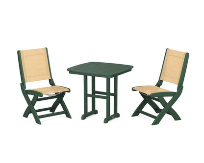 POLYWOOD® Coastal Folding Side Chair 3-Piece Dining Set in Green / Dupioni Apricot Sling