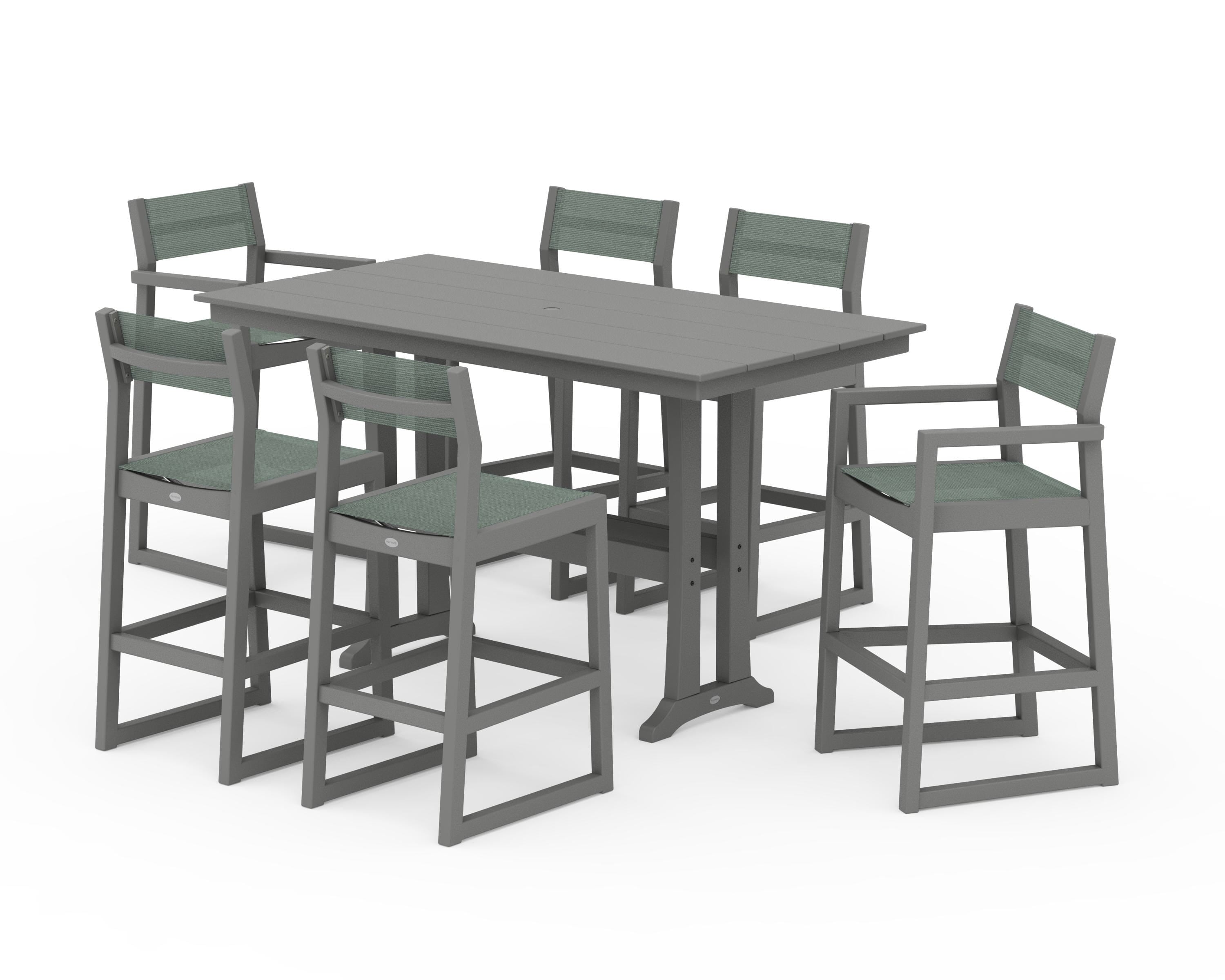 POLYWOOD® EDGE Sling 7-Piece Farmhouse Bar Set with Trestle Legs in Slate Grey / Dupioni Sea Mist Sling