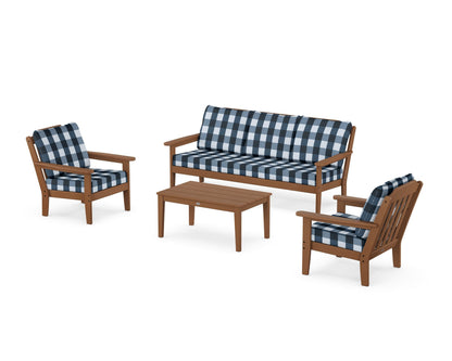 Country Living Cottage 4-Piece Deep Seating Set with Sofa in Teak / Buffalo Plaid Marine Indigo