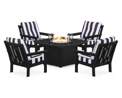 POLYWOOD® Vineyard 5-Piece Conversation Set with Fire Pit Table in Black / Cabana Stripe Navy