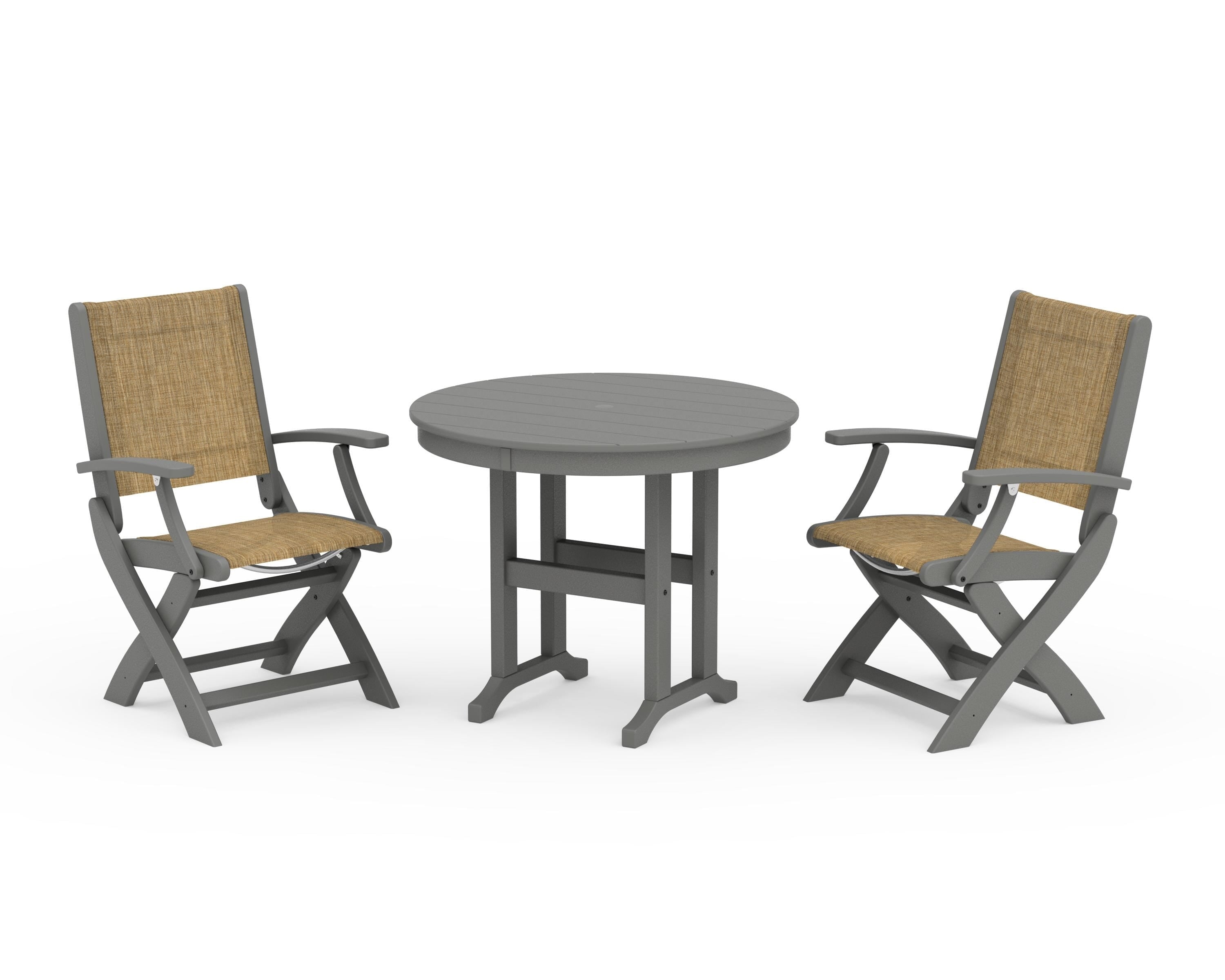 POLYWOOD® Coastal Folding Chair 3-Piece Round Dining Set in Slate Grey / Burlap Sling
