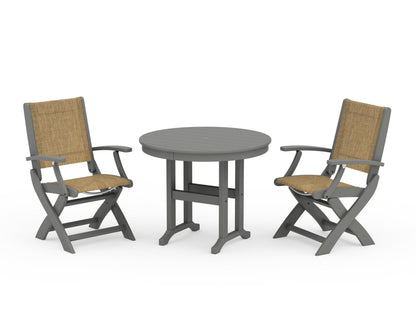 POLYWOOD® Coastal Folding Chair 3-Piece Round Dining Set in Slate Grey / Burlap Sling