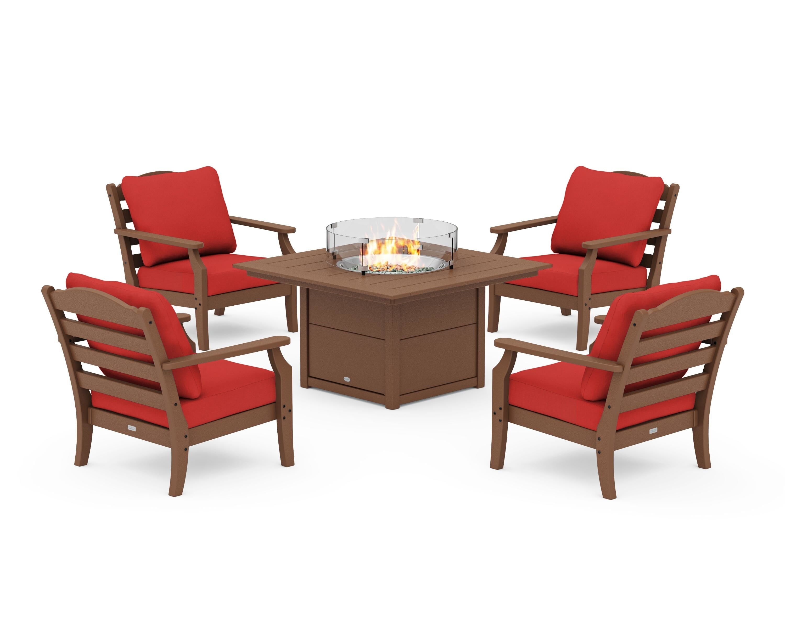 Draper James™ by  POLYWOOD® Savannah 5-Piece Deep Seating Set with Fire Pit Table in Teak / Crimson Linen