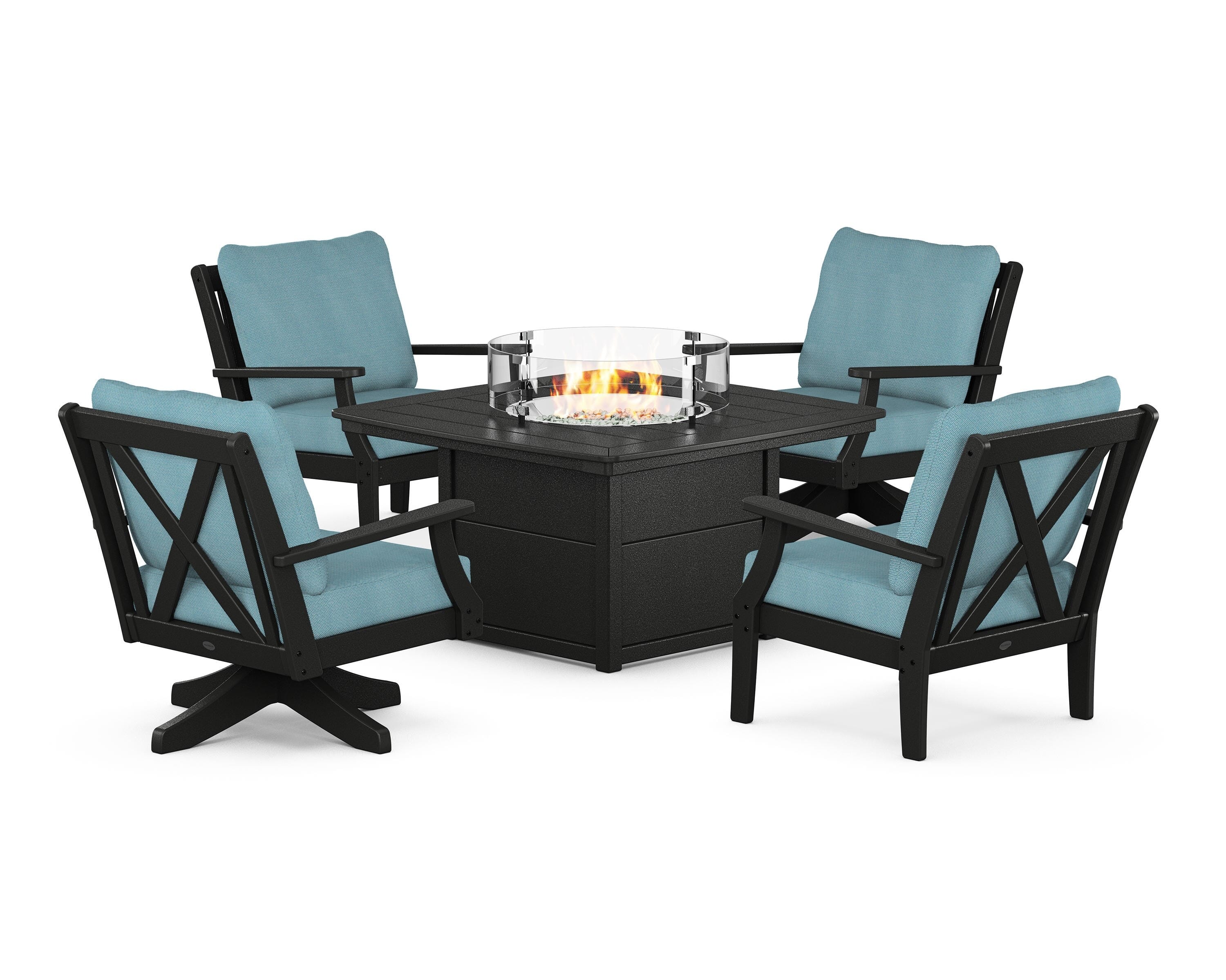 POLYWOOD® Braxton 5-Piece Deep Seating Set with Fire Table in Black / Lattice Sky Blue