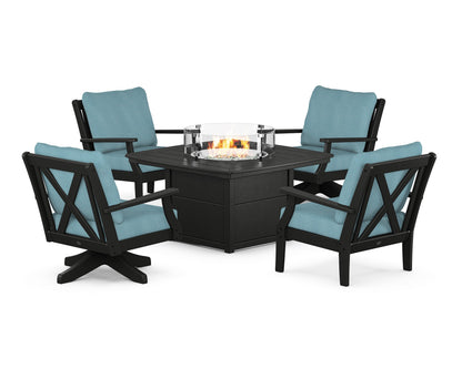 POLYWOOD® Braxton 5-Piece Deep Seating Set with Fire Table in Black / Lattice Sky Blue