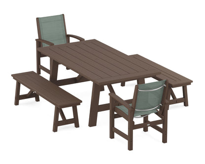 POLYWOOD® Coastal 5-Piece Rustic Farmhouse Dining Set With Benches in Mahogany / Dupioni Sea Mist Sling