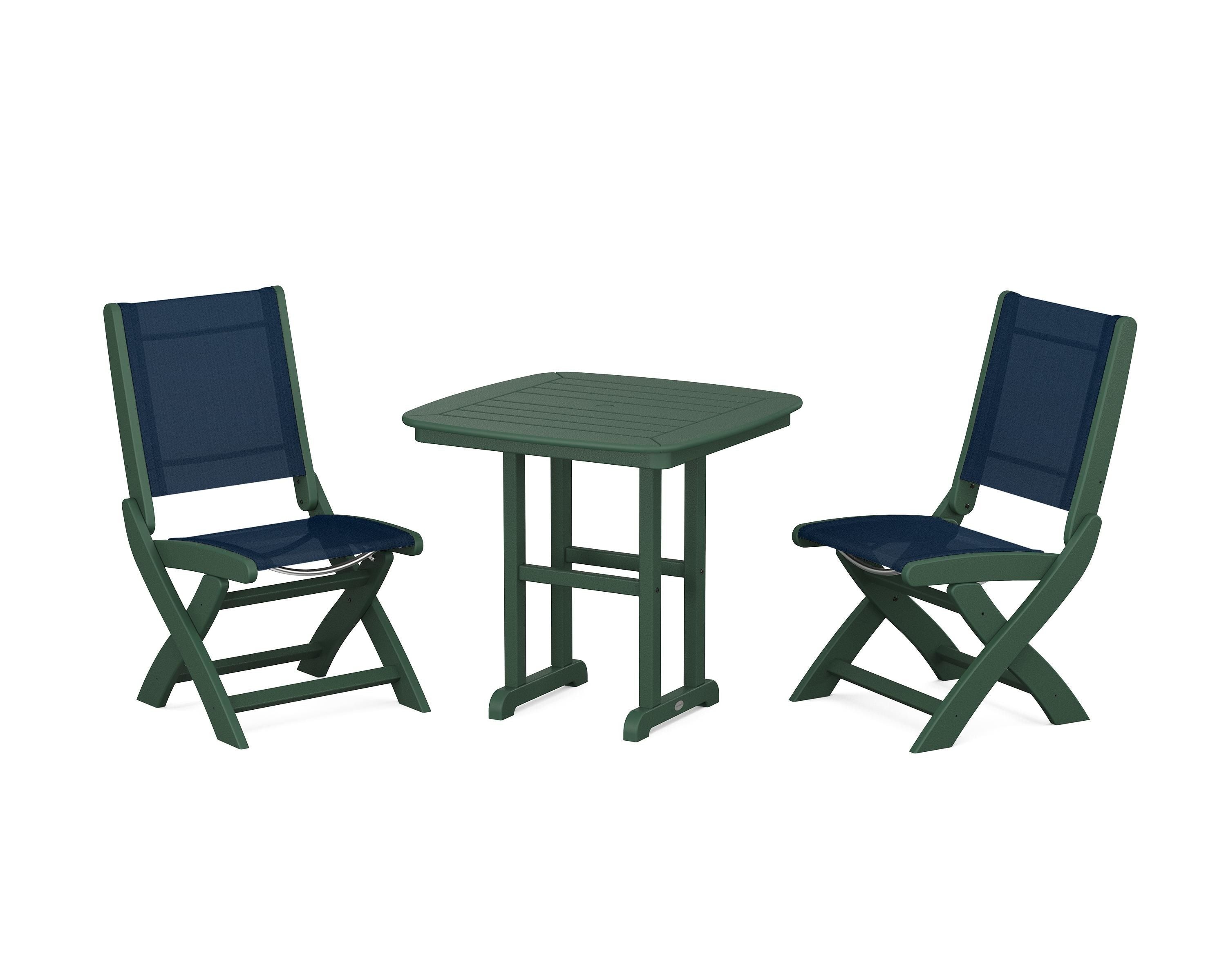 POLYWOOD® Coastal Folding Side Chair 3-Piece Dining Set in Green / Navy Blue Sling