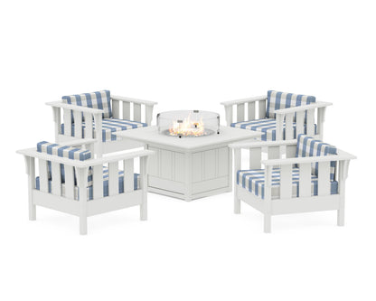 Martha Stewart by POLYWOOD® Acadia 5-Piece Deep Seating Set with Fire Pit Table in White / Buffalo Plaid Sky Blue