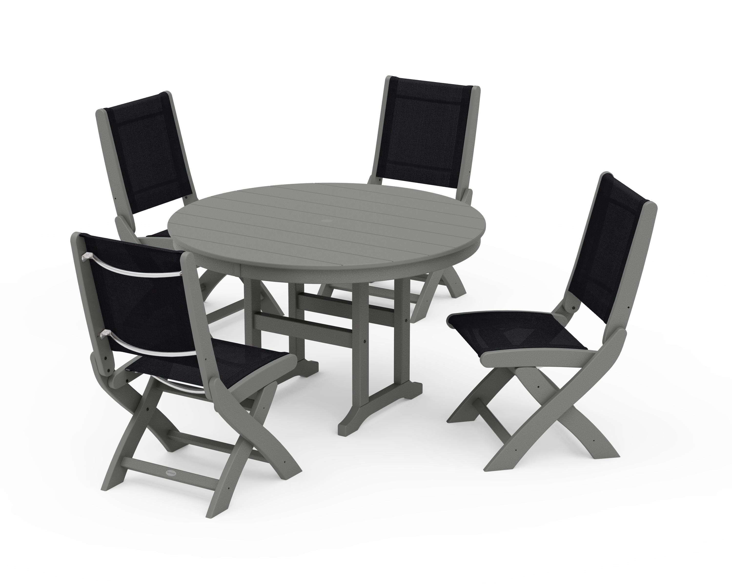 POLYWOOD® Coastal Folding Side Chair 5-Piece Round Dining Set in Slate Grey / Black Sling