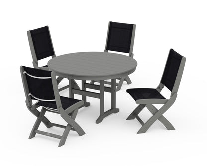 POLYWOOD® Coastal Folding Side Chair 5-Piece Round Dining Set in Slate Grey / Black Sling