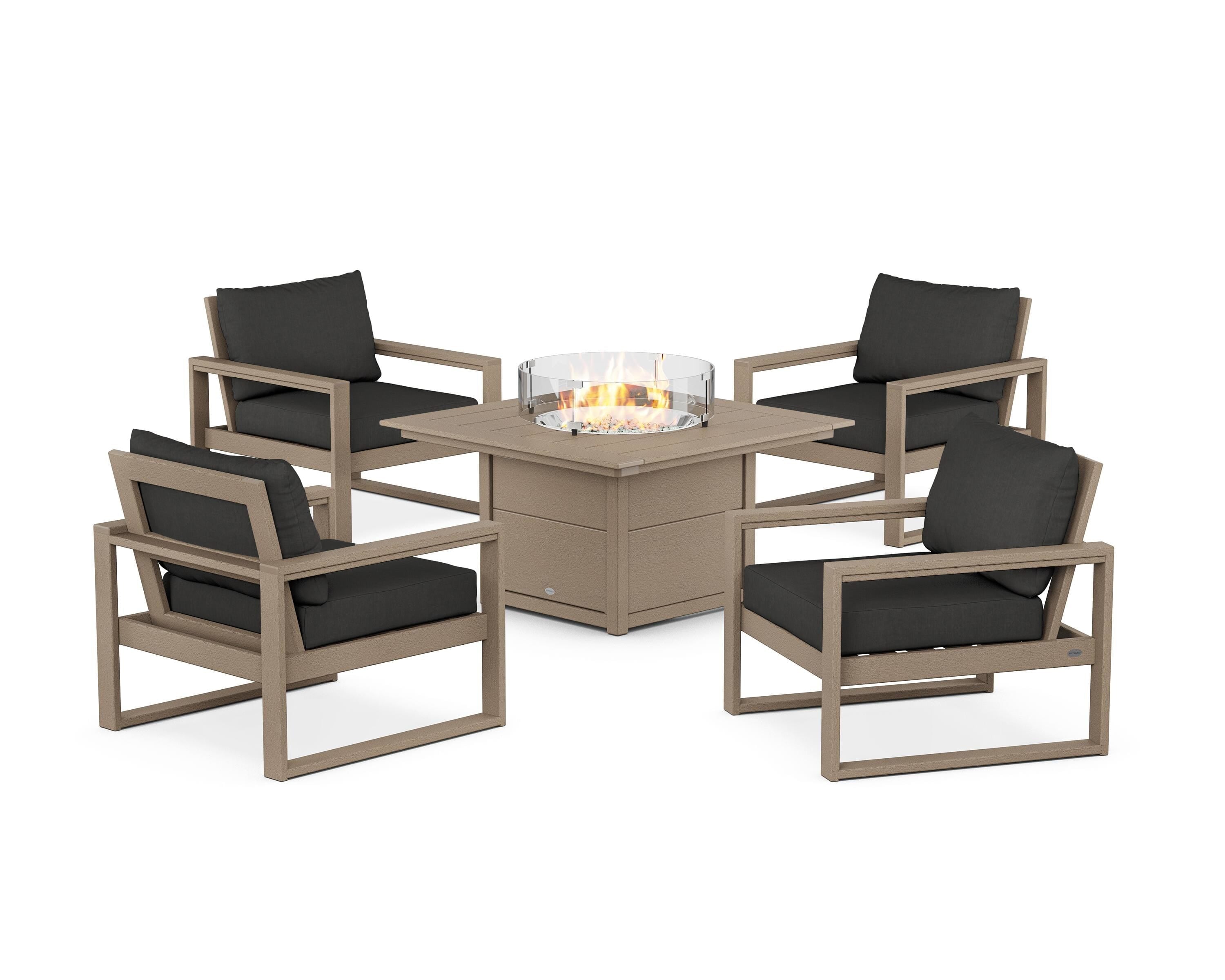 POLYWOOD® EDGE Sectional 5-Piece Deep Seating Set with Fire Pit Table in Vintage Sahara / Spectrum Carbon