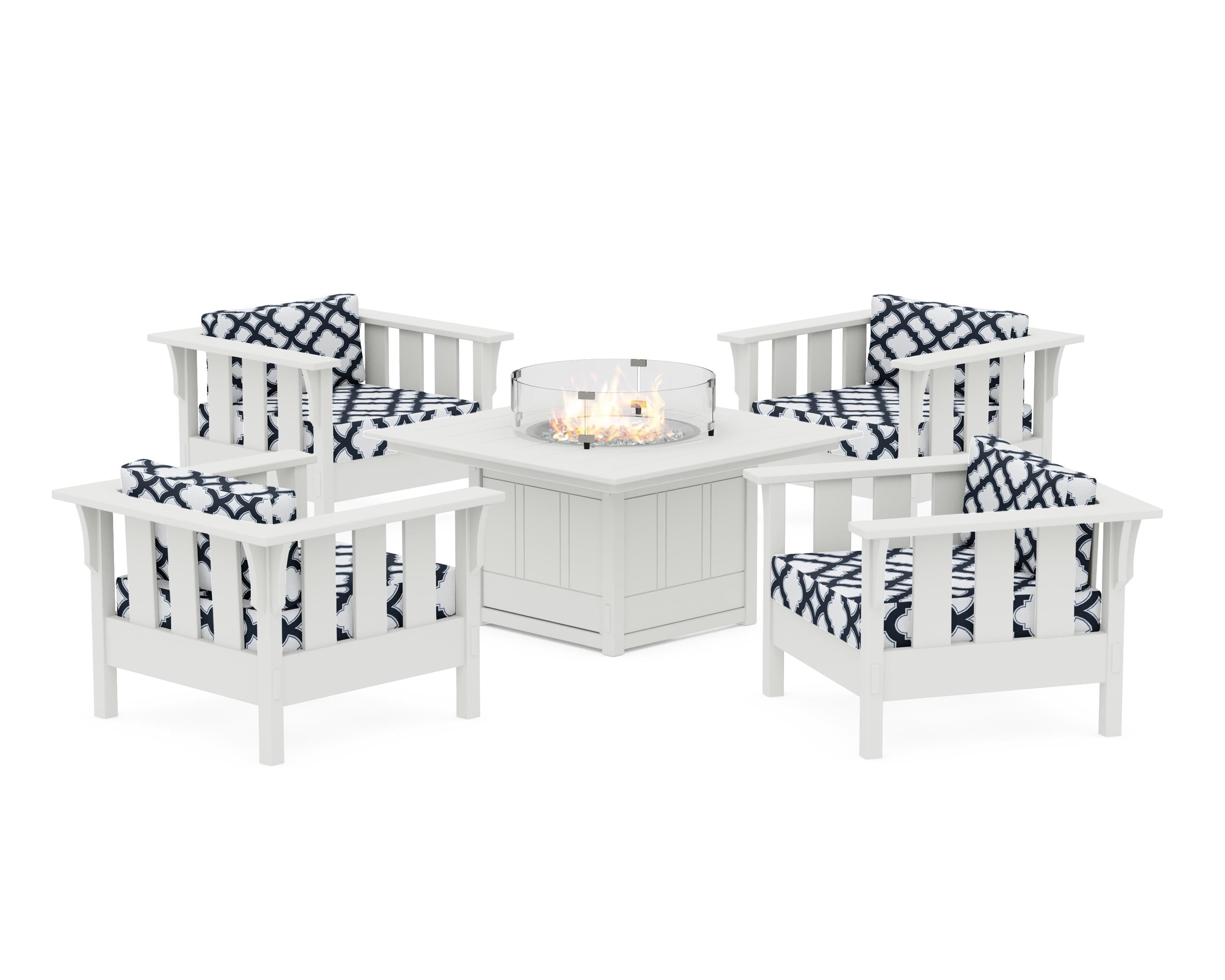Martha Stewart by POLYWOOD® Acadia 5-Piece Deep Seating Set with Fire Pit Table in White / Trellis Marine Indigo