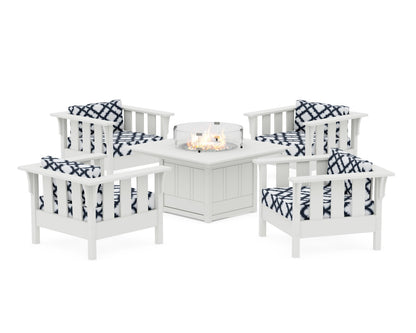 Martha Stewart by POLYWOOD® Acadia 5-Piece Deep Seating Set with Fire Pit Table in White / Trellis Marine Indigo