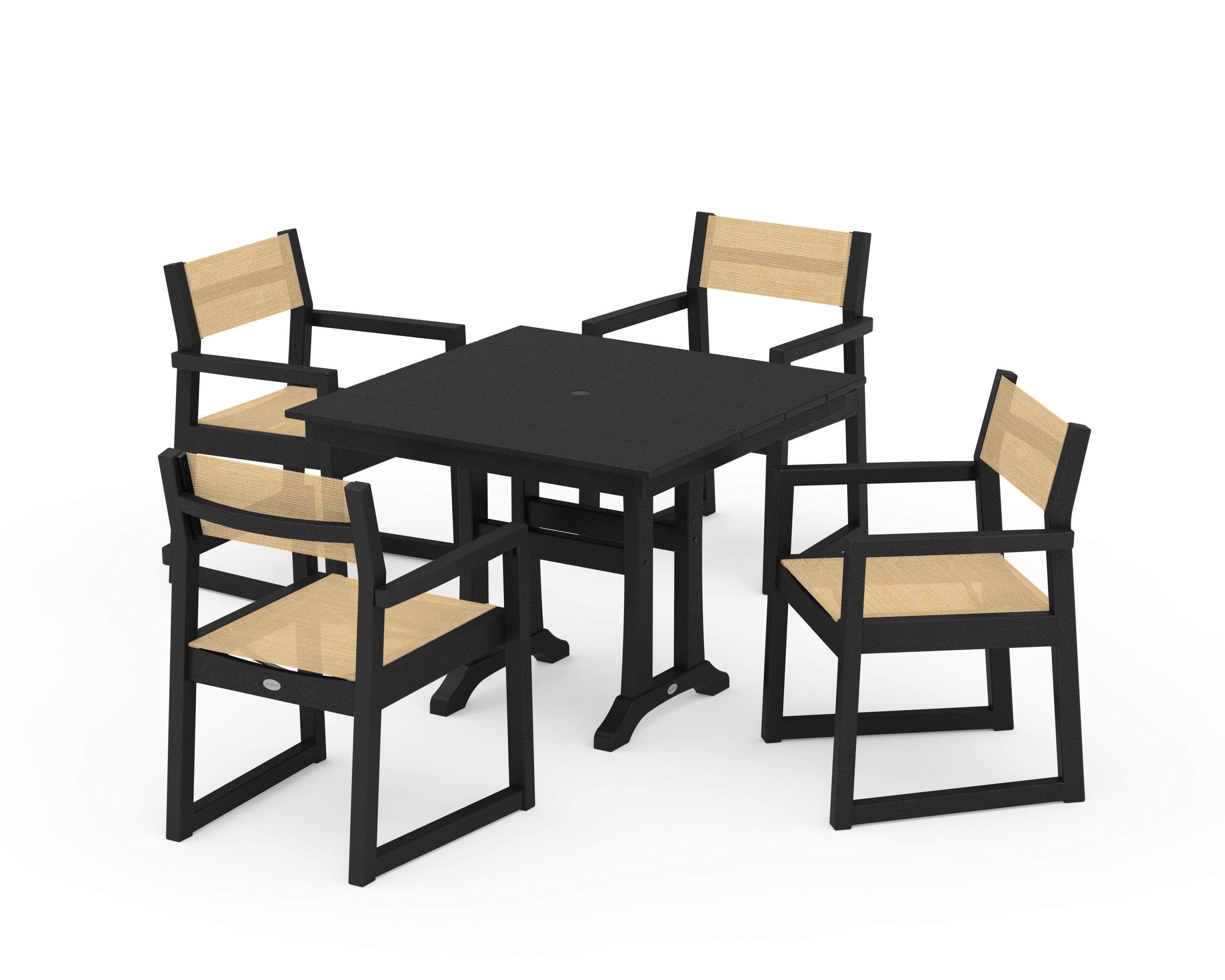 POLYWOOD® EDGE Sling 5-Piece Farmhouse Dining Set with Trestle Legs in Black / Dupioni Apricot Sling