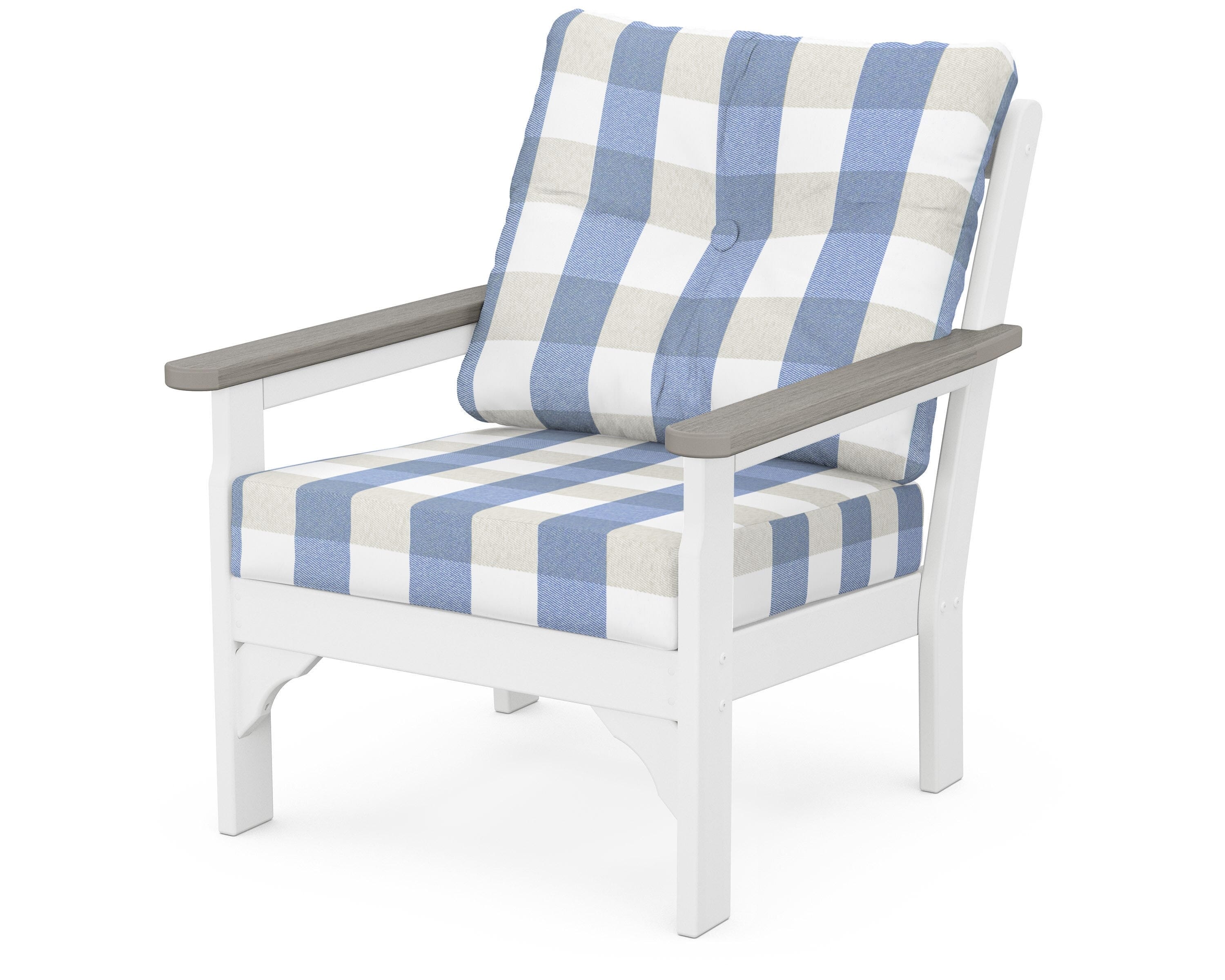 POLYWOOD® Vineyard Deep Seating Chair in White / Driftwood / Buffalo Plaid Sky Blue