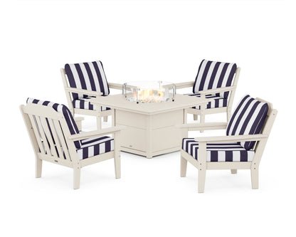 Country Living Cottage 5-Piece Deep Seating Set with Fire Pit Table in Sand / Cabana Stripe Navy
