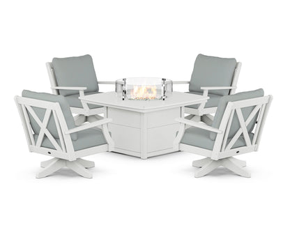 POLYWOOD® Braxton 5-Piece Deep Seating Swivel Conversation Set with Fire Pit Table in White / Spa