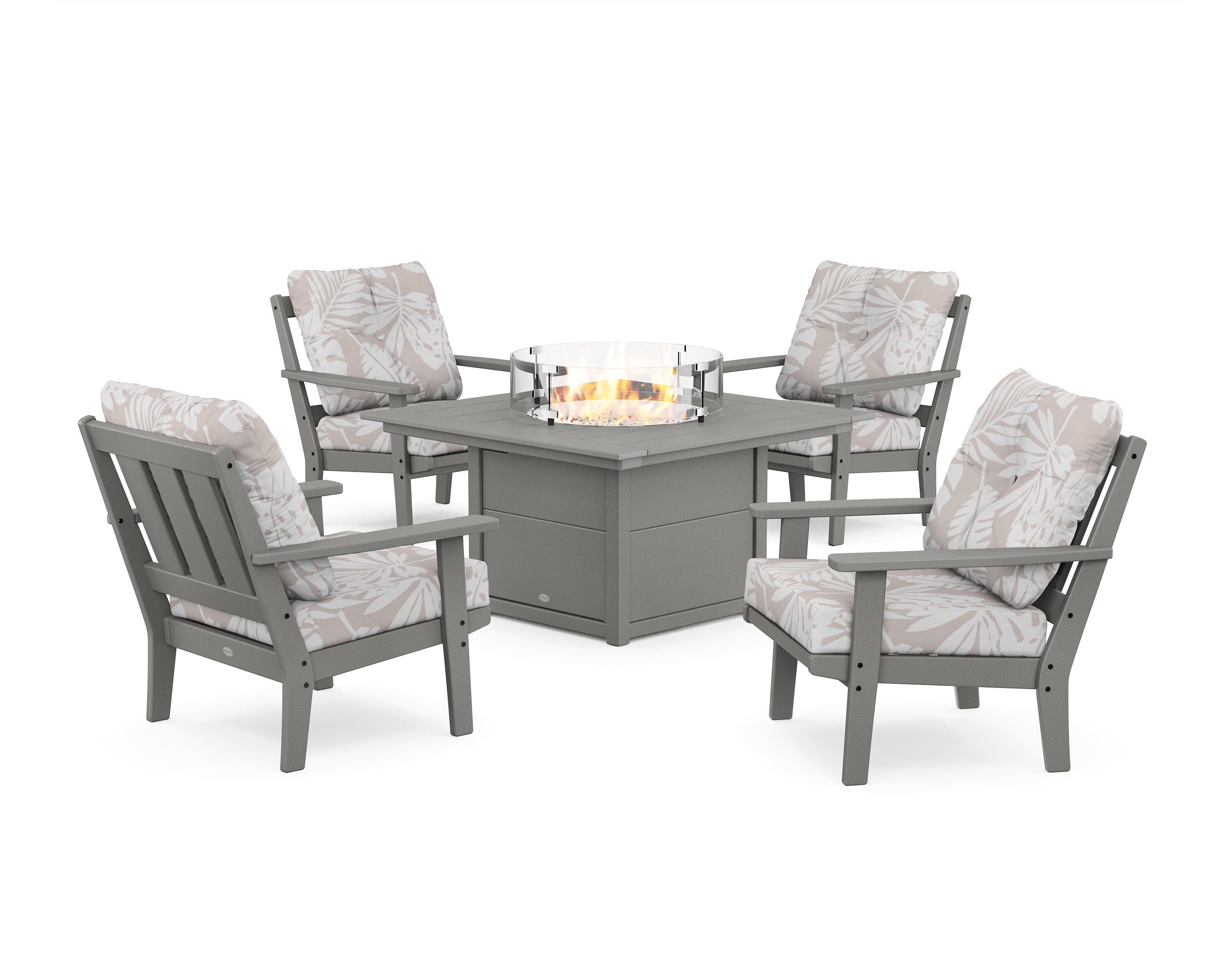 POLYWOOD® Oxford 5-Piece Deep Seating Set with Fire Pit Table in Slate Grey / Leaf Dune Burlap