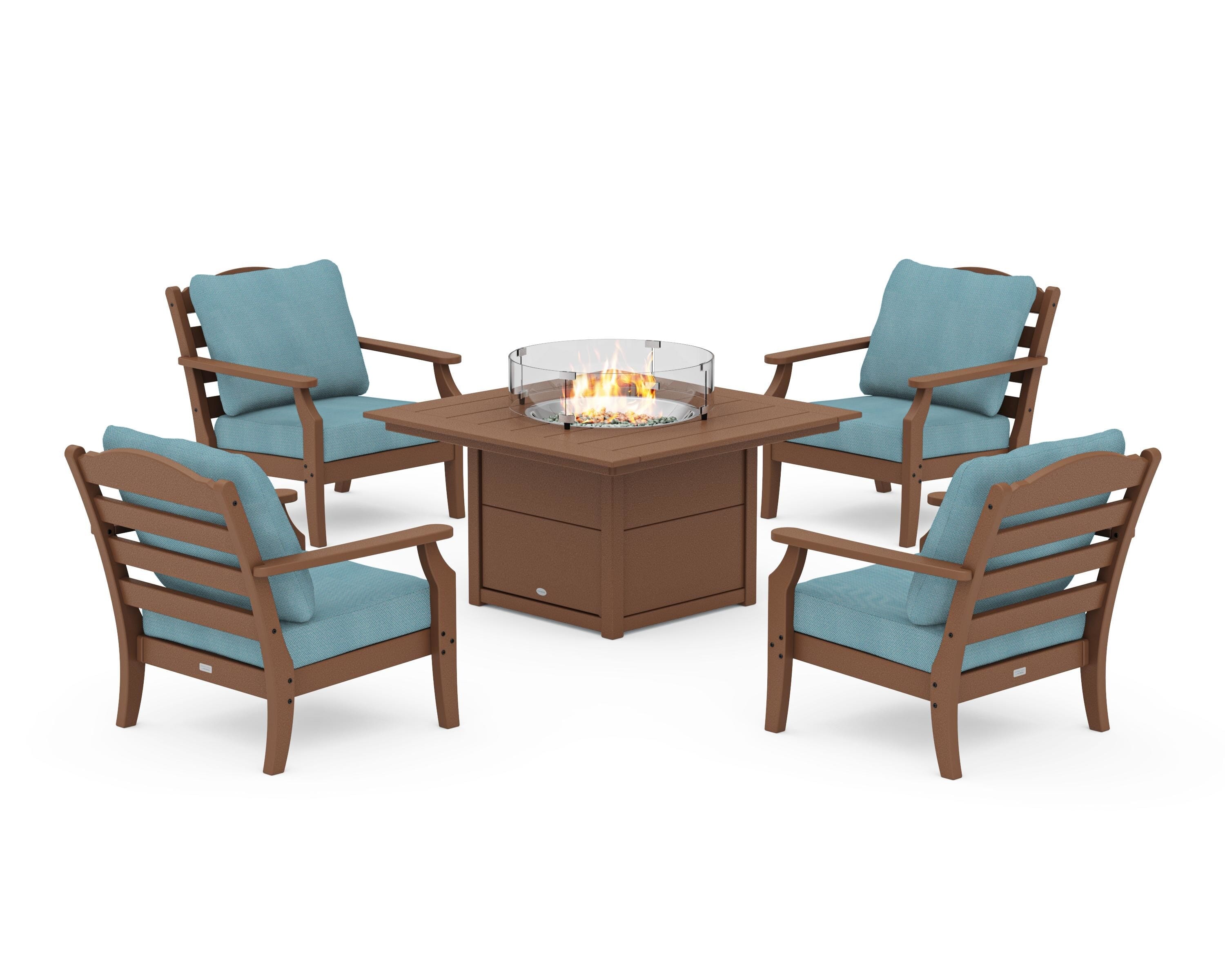 Draper James™ by  POLYWOOD® Savannah 5-Piece Deep Seating Set with Fire Pit Table in Teak / Lattice Sky Blue