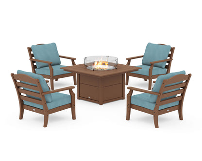 Draper James™ by  POLYWOOD® Savannah 5-Piece Deep Seating Set with Fire Pit Table in Teak / Lattice Sky Blue