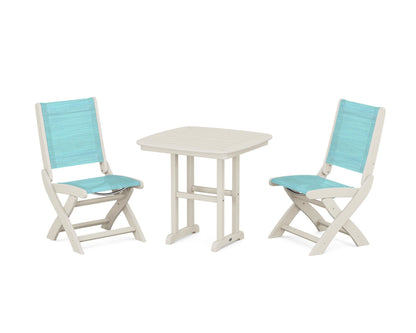 POLYWOOD® Coastal Folding Side Chair 3-Piece Dining Set in Sand / Dupioni Aquamarine Sling