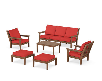 POLYWOOD® Chippendale 6-Piece Lounge Sofa Set in Teak / Crimson Linen