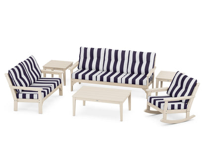 POLYWOOD® Vineyard 6-Piece Deep Seating Set in Sand / Cabana Stripe Navy