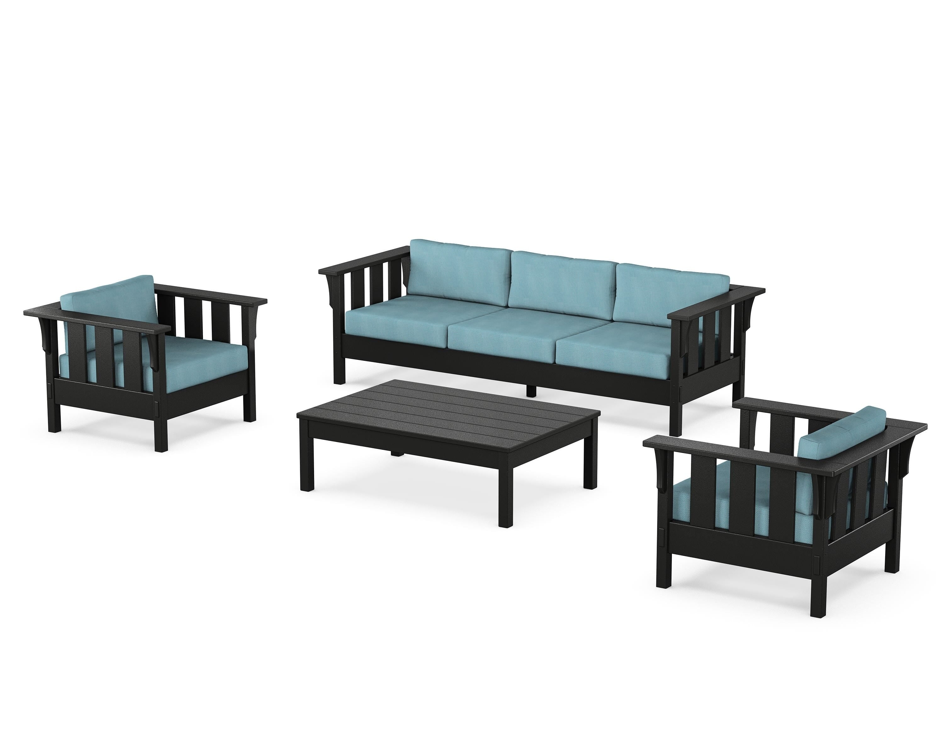Martha Stewart by POLYWOOD® Acadia 4-Piece Deep Seating Set with Sofa in Black / Lattice Sky Blue