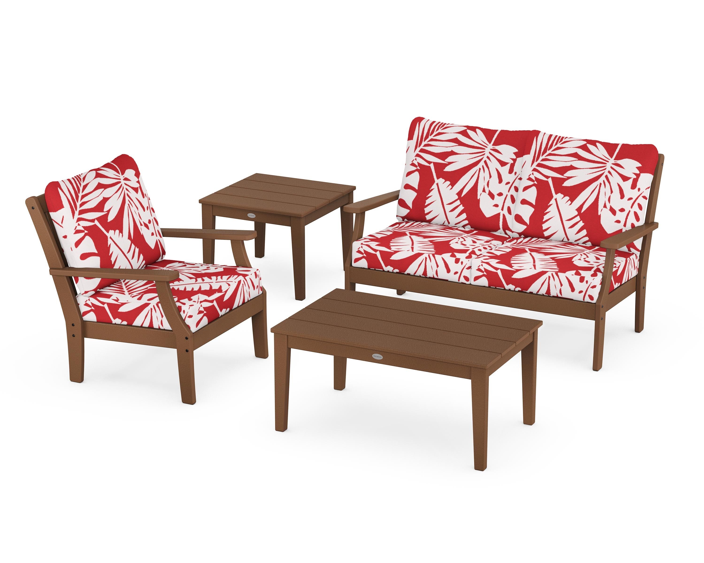 POLYWOOD® Braxton 4-Piece Deep Seating Set in Teak / Leaf Crimson