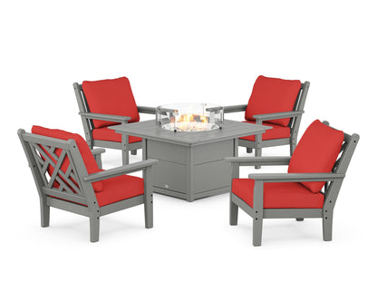 POLYWOOD® Chippendale 5-Piece Deep Seating Set with Fire Pit Table in Slate Grey / Crimson Linen