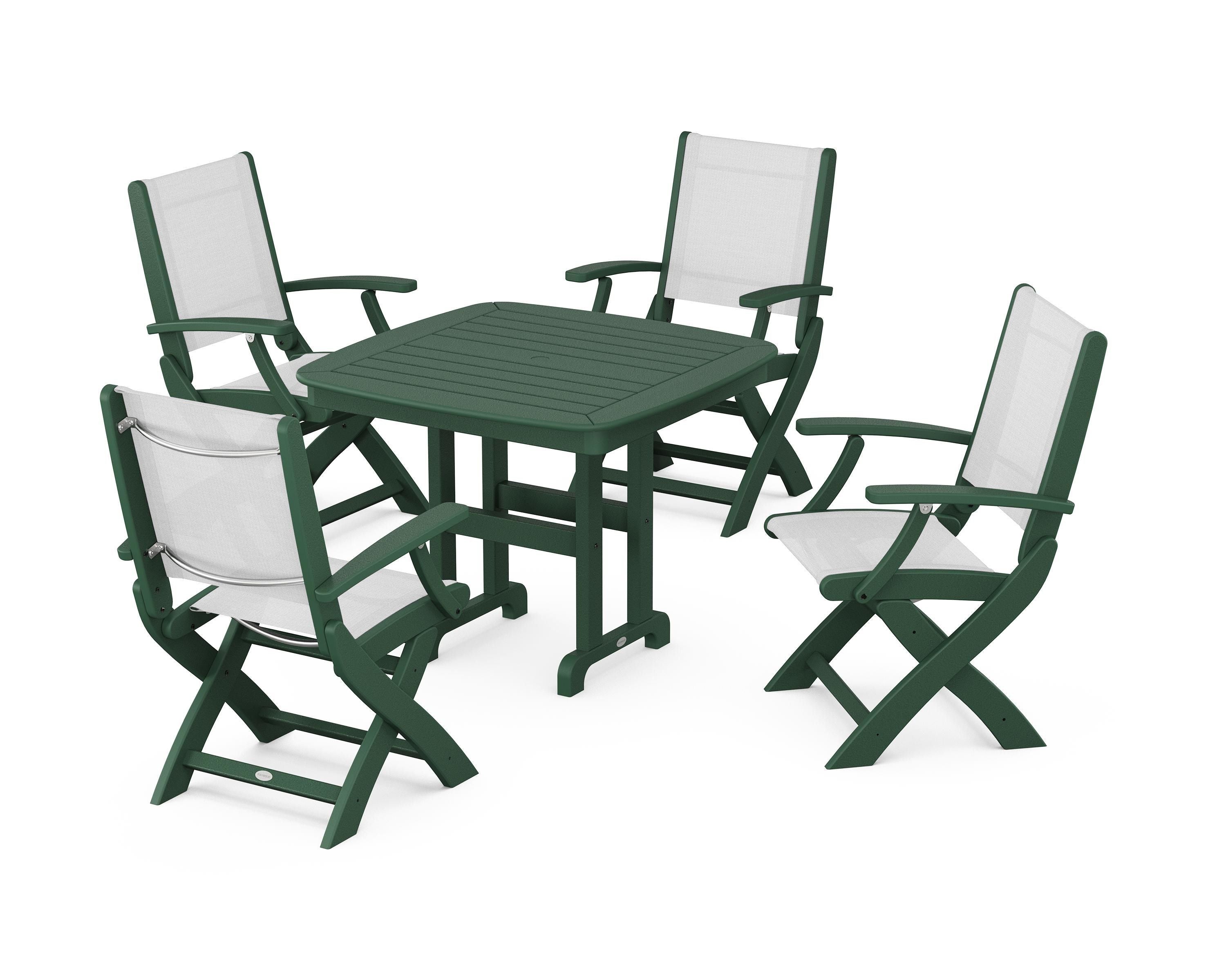 POLYWOOD® Coastal Folding Chair 5-Piece Dining Set in Green / White Sling