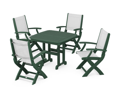POLYWOOD® Coastal Folding Chair 5-Piece Dining Set in Green / White Sling