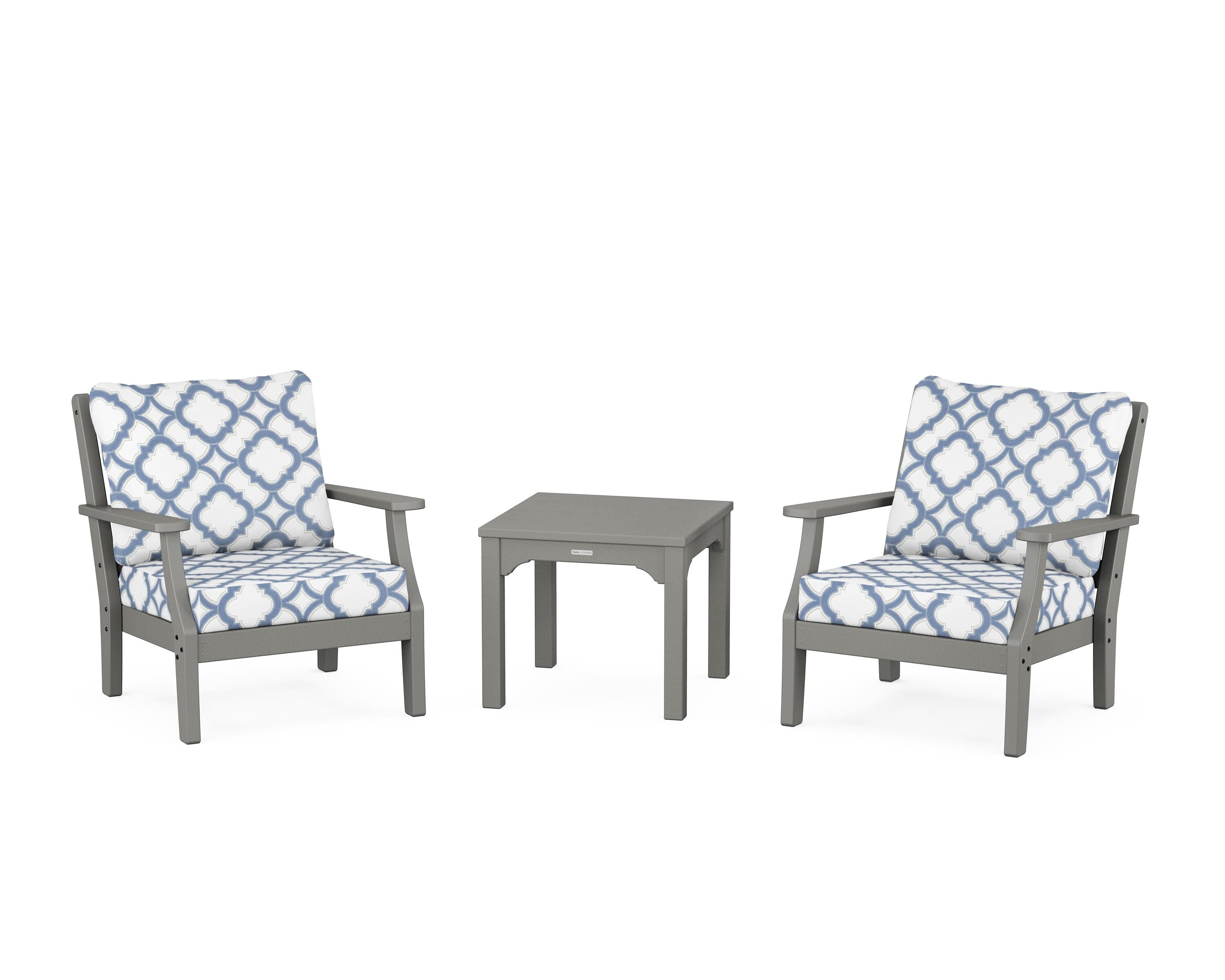 Martha Stewart by POLYWOOD® Chinoiserie 3-Piece Deep Seating Set in Slate Grey / Trellis Sky Blue