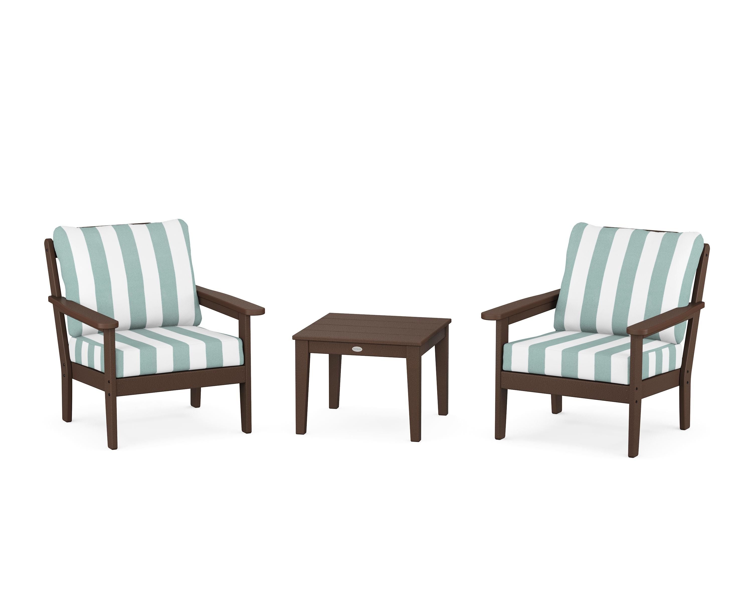 Country Living Cottage 3-Piece Deep Seating Set in Mahogany / Cabana Stripe Glacier Spa