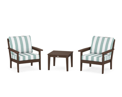 Country Living Cottage 3-Piece Deep Seating Set in Mahogany / Cabana Stripe Glacier Spa
