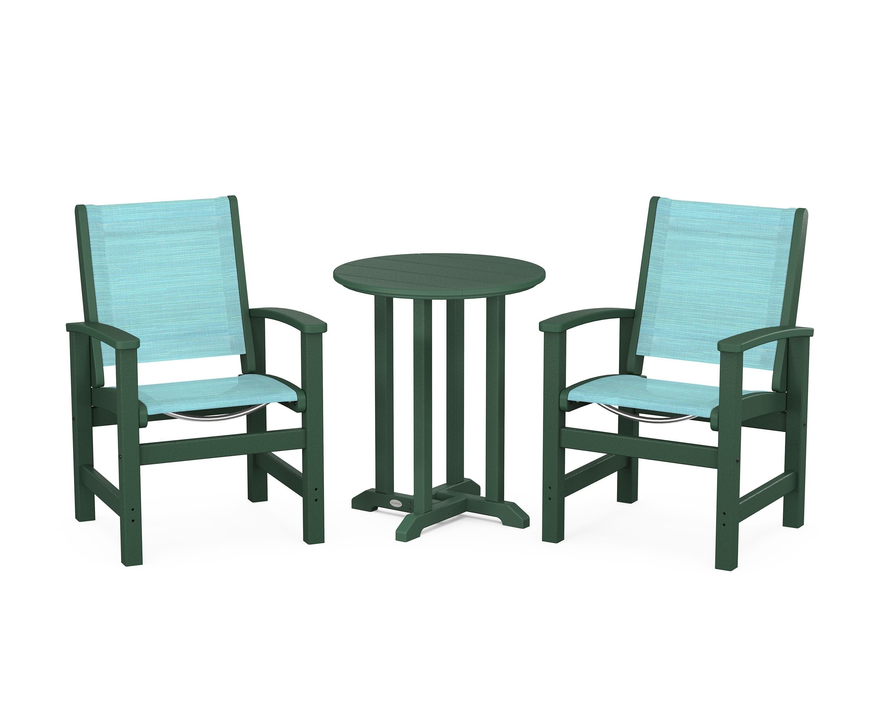 POLYWOOD® Coastal 3-Piece Round Bistro Dining Set in Green / Dupioni Aquamarine Sling