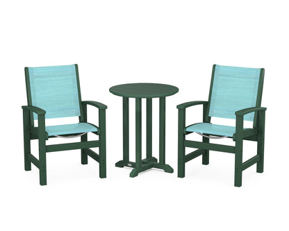 POLYWOOD® Coastal 3-Piece Round Bistro Dining Set in Green / Dupioni Aquamarine Sling