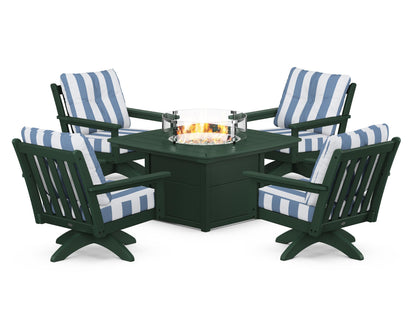 POLYWOOD® Vineyard 5-Piece Deep Seating Swivel Conversation Set with Fire Pit Table in Green / Cabana Stripe Sky Blue
