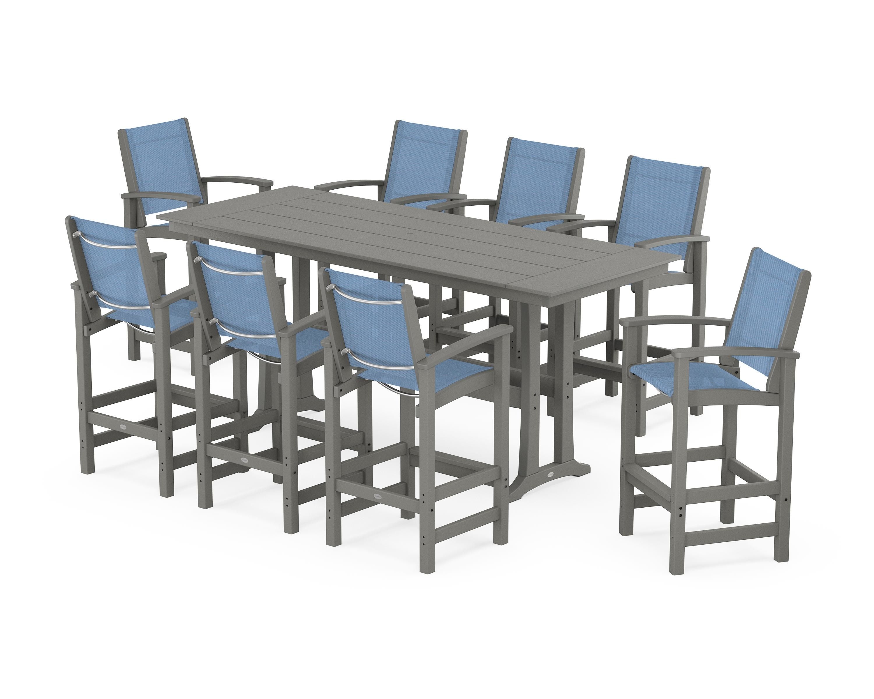 POLYWOOD® Coastal 9-Piece Farmhouse Bar Set with Trestle Legs in Slate Grey / Poolside Sling